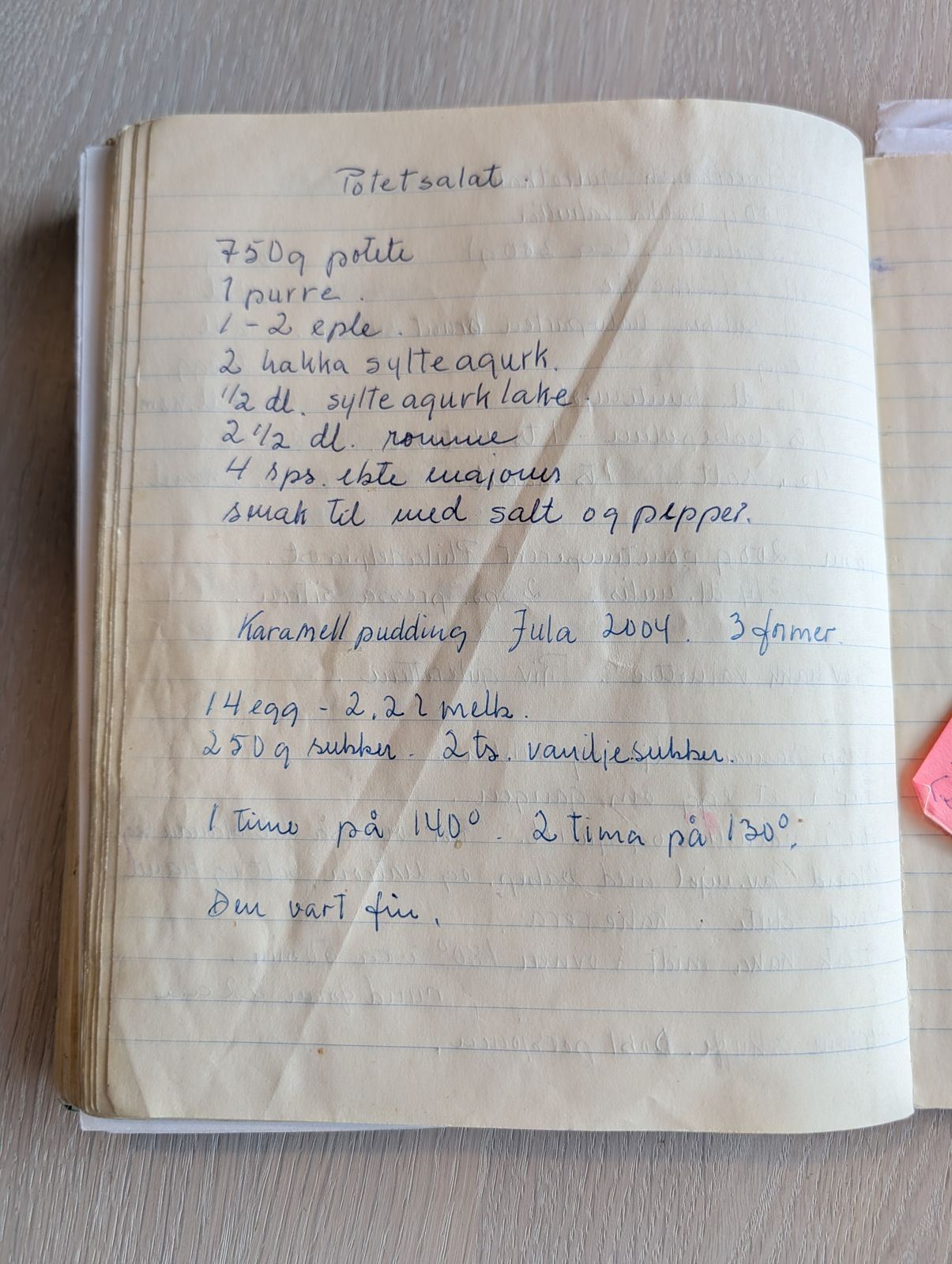 Skannet oppskrift: Potetsalat og karamellpudding